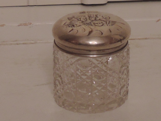 Antique Repousse Sterling Silver Lid w/Reynolds Angels & Cut Glass Ladies Vanity Jar 1904