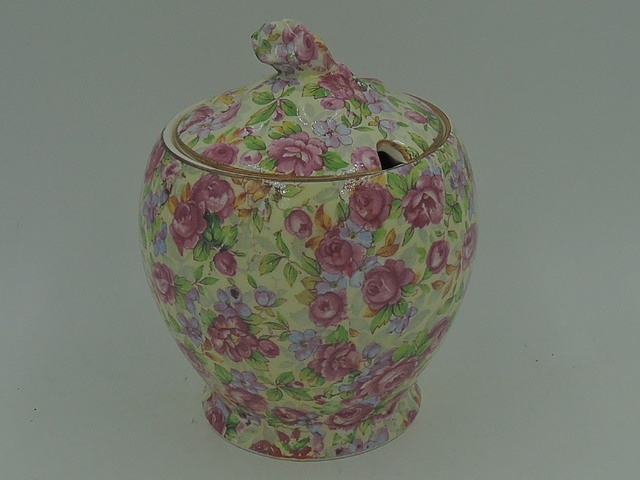 Vintage Royal Winton Chintz English Rose Jam Jar Condiment Rosebud Finial 1951