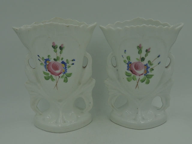 Antique French Pair of Porcelain Handpainted Floral Vieux Old Paris Vases c.1900