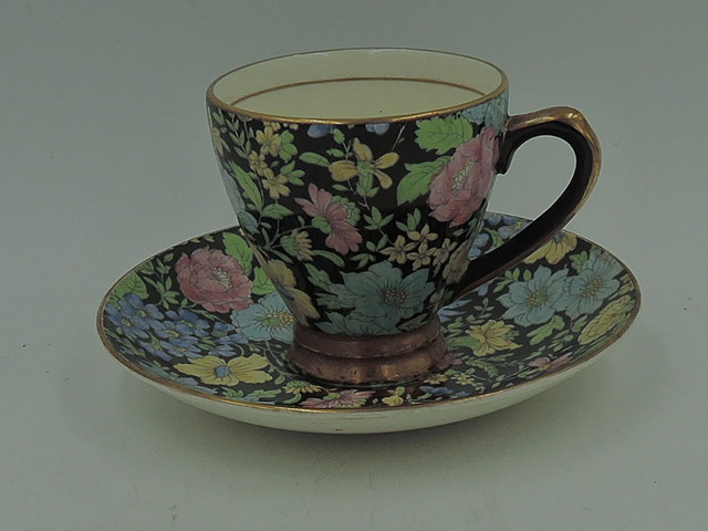 Vintage Empire Chintz Black Marguerite Demitasse Cup & Saucer Teacup