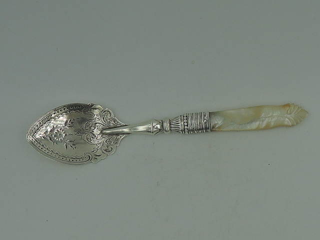 Ornate English Sterling Silver Jam Spoon w/Mother of Pearl Handle 1900