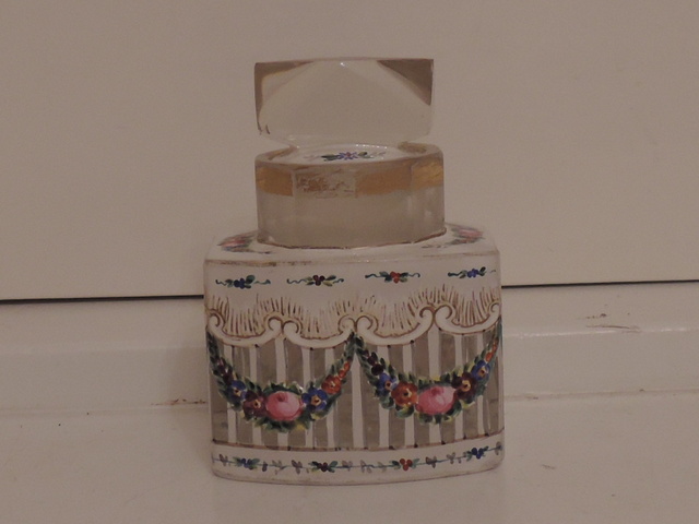 Antique Hand Painted Enamel & Star Cut Glass Perfume Bottle w/Dabber c.1890