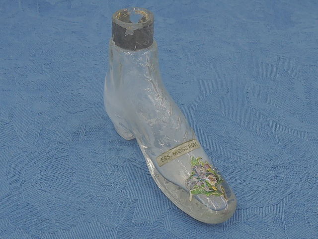 Antique Victorian Clear Glass Boot Vase Perfume Bottle Essence of Moss Rose