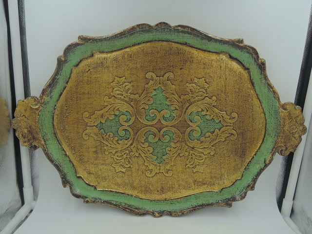 Vintage Italian Florentine Handled Wooden Tray Green & Gold Wood Platter