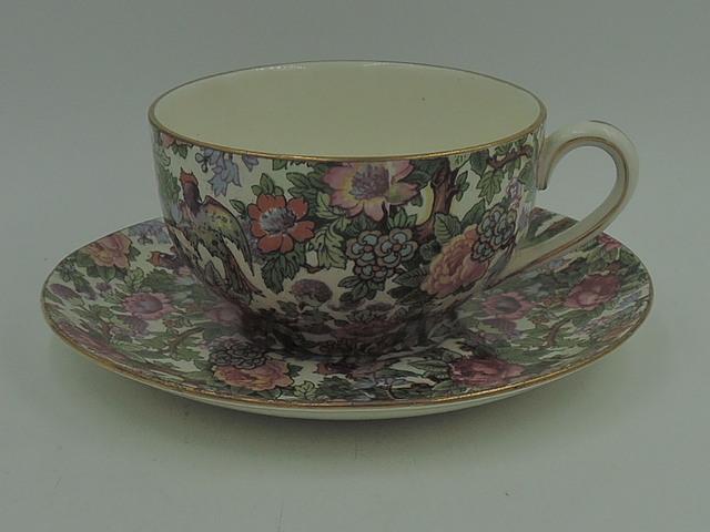 Vintage Crown Ducal Ware Ivory Chintz Cup & Saucer Teacup Pink Roses Bird