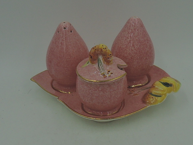 Vintage Royal Winton Mottled Pink Tiger Lily Condiment Set Salt Pepper Mustard