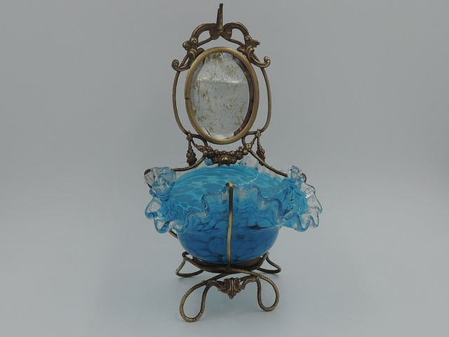 Antique 19th C. French Ormolu Pocket Watch Holder w/Blue Glass Basket