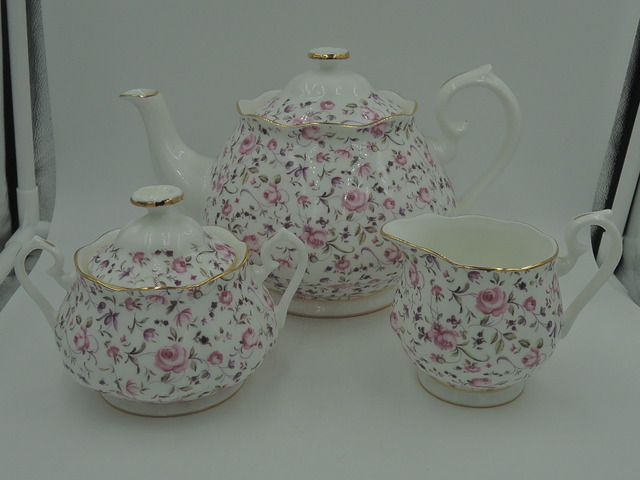 Royal Albert Chintz Rose Confetti Teapot Creamer Sugar Tea Set Rose Dubarry Chelsea