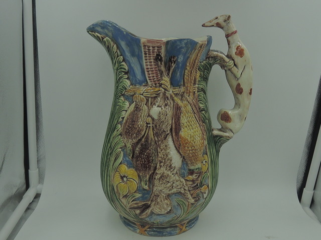 Antique Majolica Large Jug Pitcher Greyhound Dog Handle Hunting Game 10 1/2" 1880's