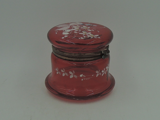 Antique Cranberry Glass Enamel Flowers Ladies Jar Brass Hinged