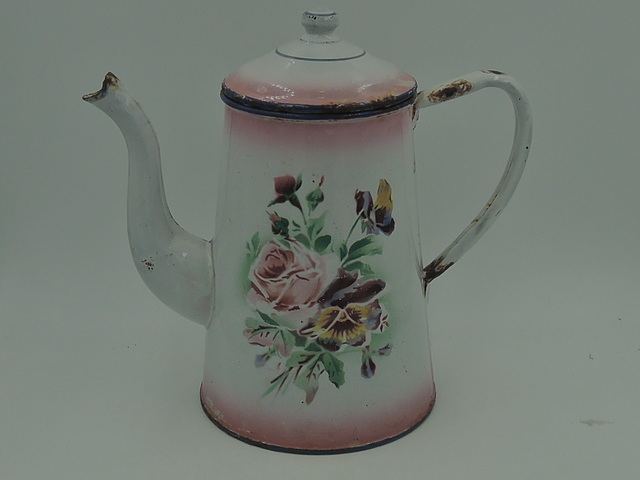 Vintage French Enamelware Pink & White Florals Roses Coffee Pot Enamel