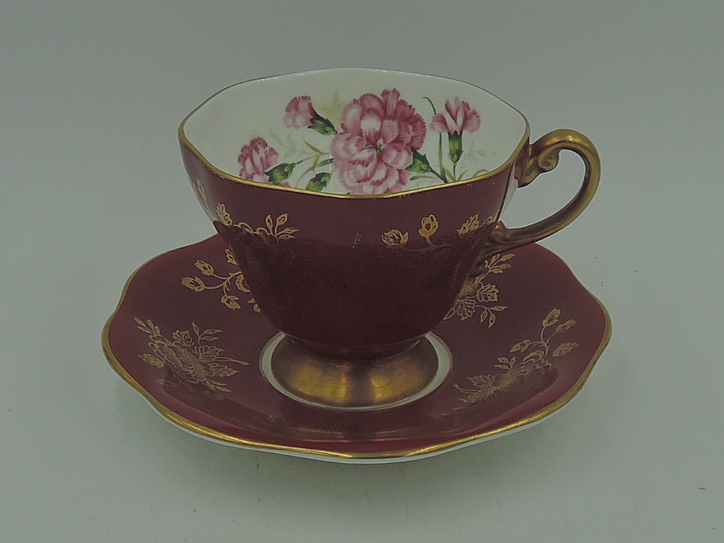 Antique Foley Pink Carnation Gilded Cup & Saucer Shelley