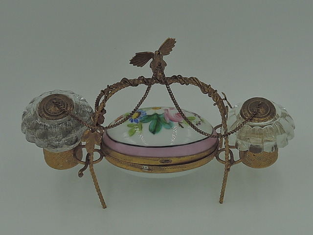 Antique French Gilt Ormolu Glass Inkwells w/Porcelain Dish Pocket Watch Stand/Holder Jewelry
