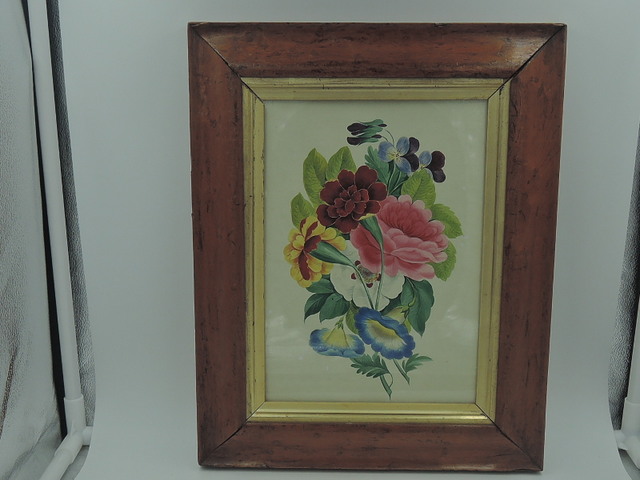 Antique 19th C. English Watercolor On Board Maple Frame Botanical Painting Picture