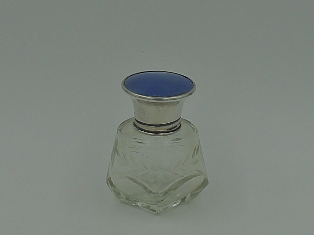 Vintage Sterling Silver & Blue Enamel Guilloche Glass Perfume Bottle w/Stopper 1922