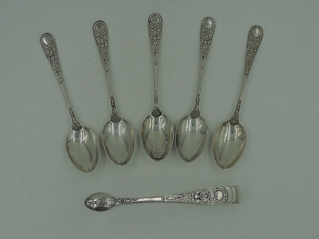 Antique English Sterling Silver Set of 5 Teaspoons & Sugar Tongs Sheffield 1921