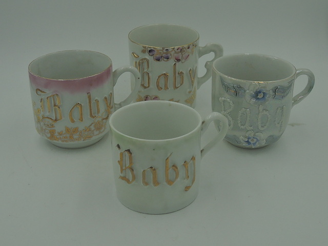 Antique Set of 4 German Baby Cups 1890"s Pink & Blue Germany